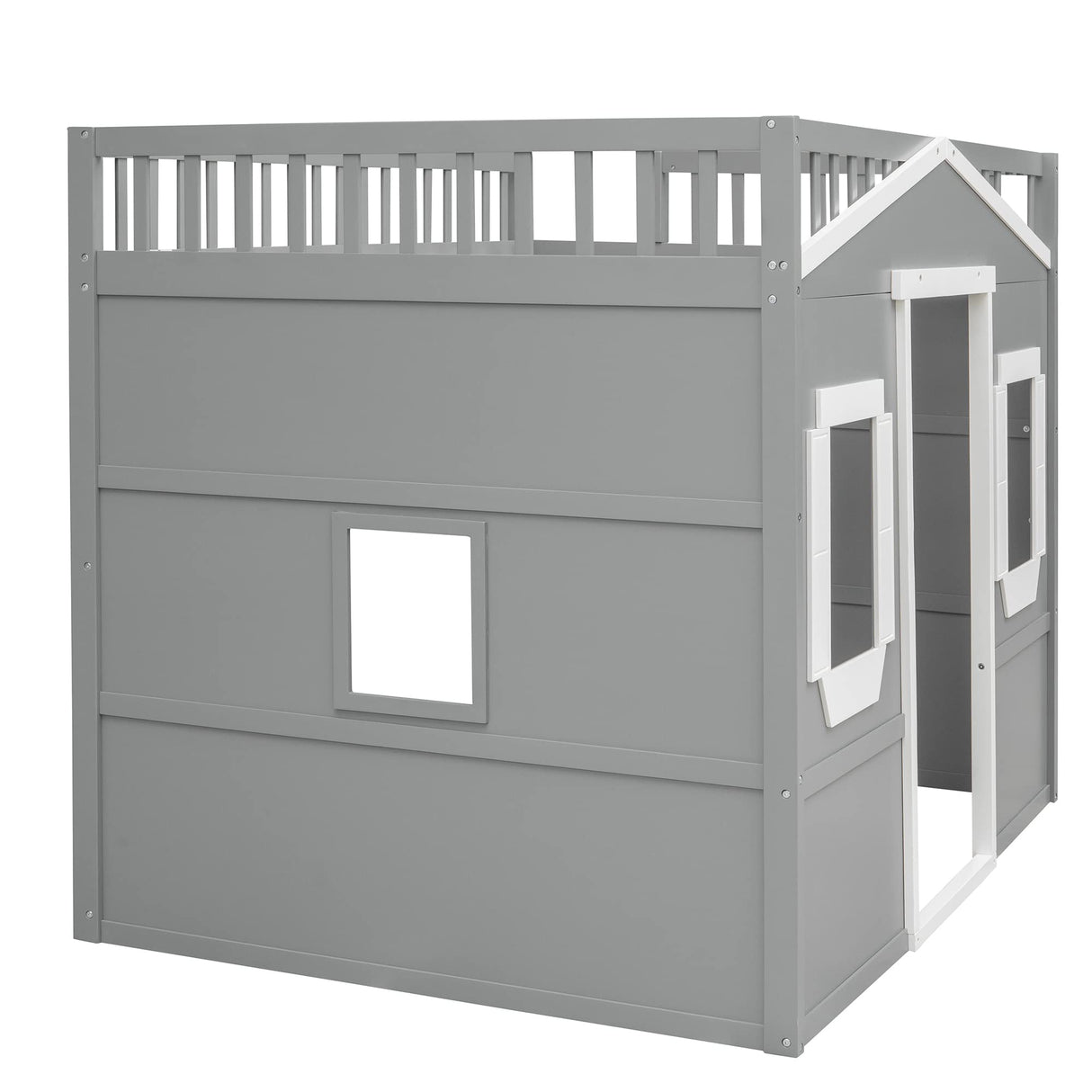 VilroCaz Stylish Gray and White Full Size Loft Bed with Safety Guardrail and Playhouse Design VilroCaz