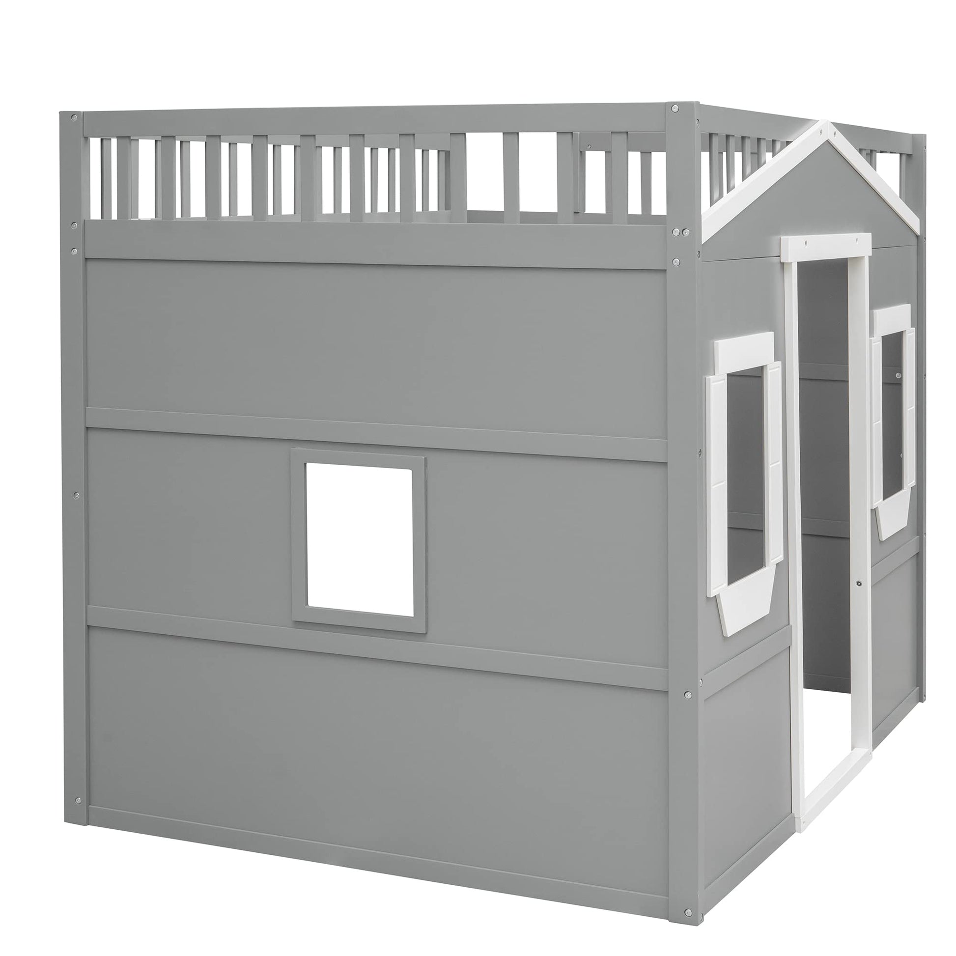 VilroCaz Stylish Gray and White Full Size Loft Bed with Safety Guardrail and Playhouse Design - WoodArtSupply