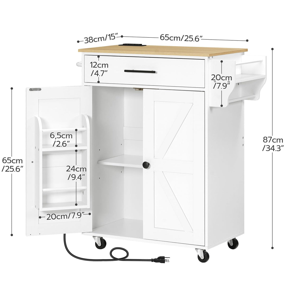 HOOBRO Kitchen Island with Power Outlet, Kitchen Storage Island with Large Worktop, Spice Rack and Drawer, Rolling Kitchen Cart on Wheels, for Kitchen and Dining Room, White and Natural WN88UZD01 HOOBRO