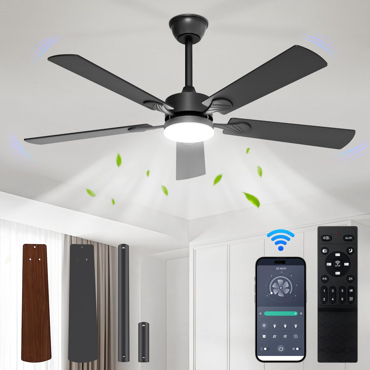JOFIOS Ceiling Fans with Lights,52 inch Ceiling Fan with Light and Remote,Reversible,3CCT,6 speeds,Dimmable,Noiseless,Black Ceiling Fan for Bedroom, Kitchen,Living Room JOFIOS