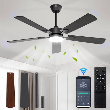 JOFIOS Ceiling Fans with Lights,52 inch Ceiling Fan with Light and Remote,Reversible,3CCT,6 speeds,Dimmable,Noiseless,Black Ceiling Fan for Bedroom, Kitchen,Living Room JOFIOS