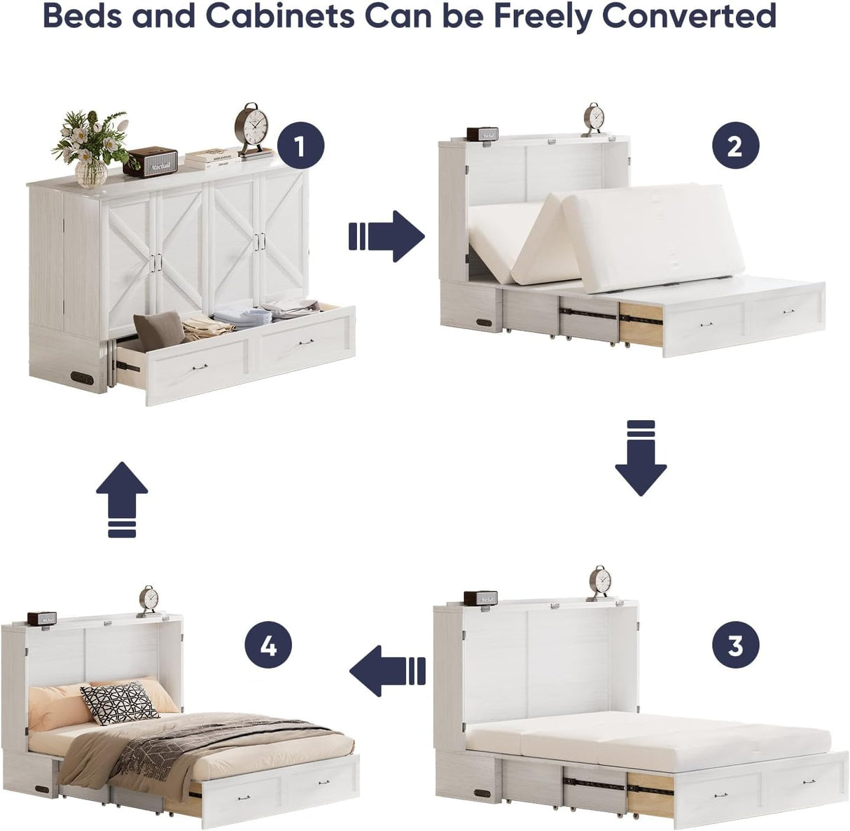 ijuicy Queen Size Murphy Bed with Foldable Foam Mattress, Cube Cabinet Bed with Multifunctional Charging Station & Extra Large Storage Drawers, Space-Saving Hideaway Bed for Guests-Pure White ijuicy