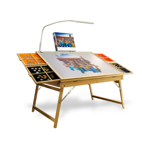 CLEAZY - Portable Wooden Puzzle Table with Foldable Legs and LED Lamp, 1500 Piece Capacity, 4 Drawers & Cover, 3 Adjustable Tilt Angles CLEAZY
