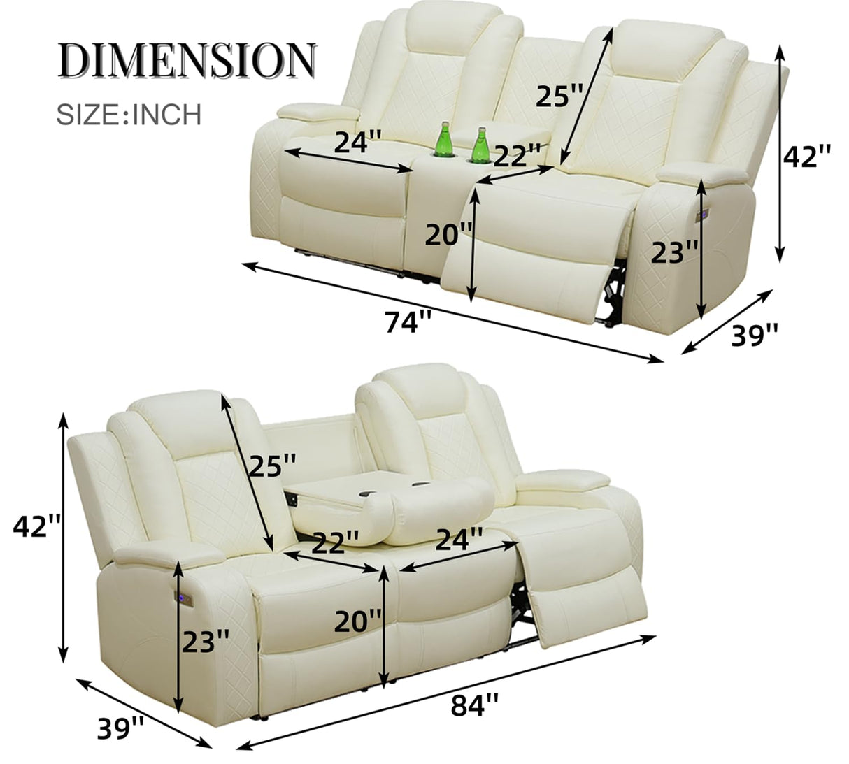 Caberryne Leather Recliner Sofa Set with LED Lights,Power Reclining Sofa and Loveseat Set with USB Port/Cup Holder for Living Room/House/Home Theater(2 Piece Set,Creamy) Caberryne