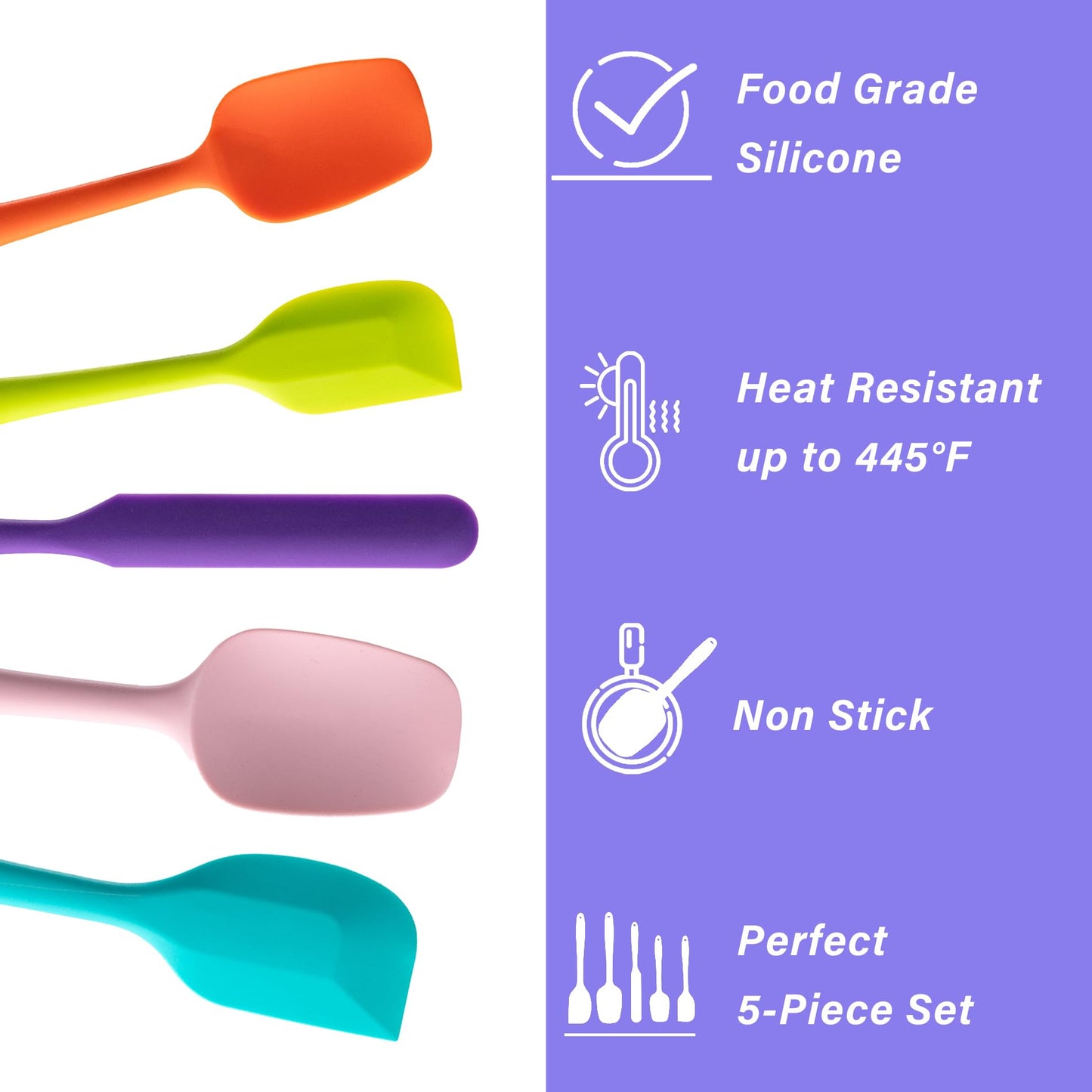 Silicone Spatula Set, 5 Piece Food Grade Rubber Spatulas for Baking, Cooking, and Mixing High Heat Resistant Non Stick Dishwasher Safe BPA-Free (Multicolor)