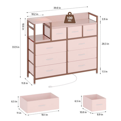 Jojoka TV Stand with Charging Station, Bedroom Dresser for Living Room TV Stand with 9 Drawers, Pink