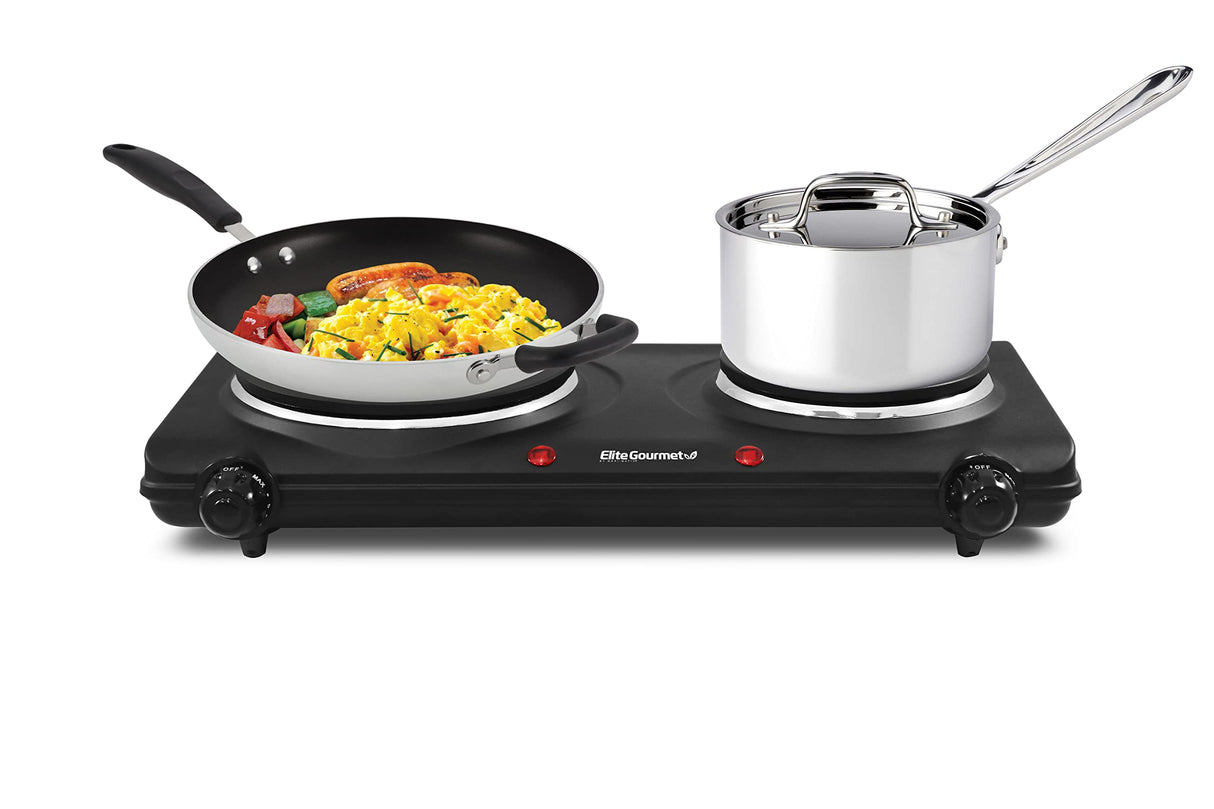 Elite Gourmet EDB-302BF Countertop Double Cast Iron Burner, 1500 Watts Electric Hot Plate, Temperature Controls, Power Indicator Lights, Easy to Clean, Black Elite Gourmet
