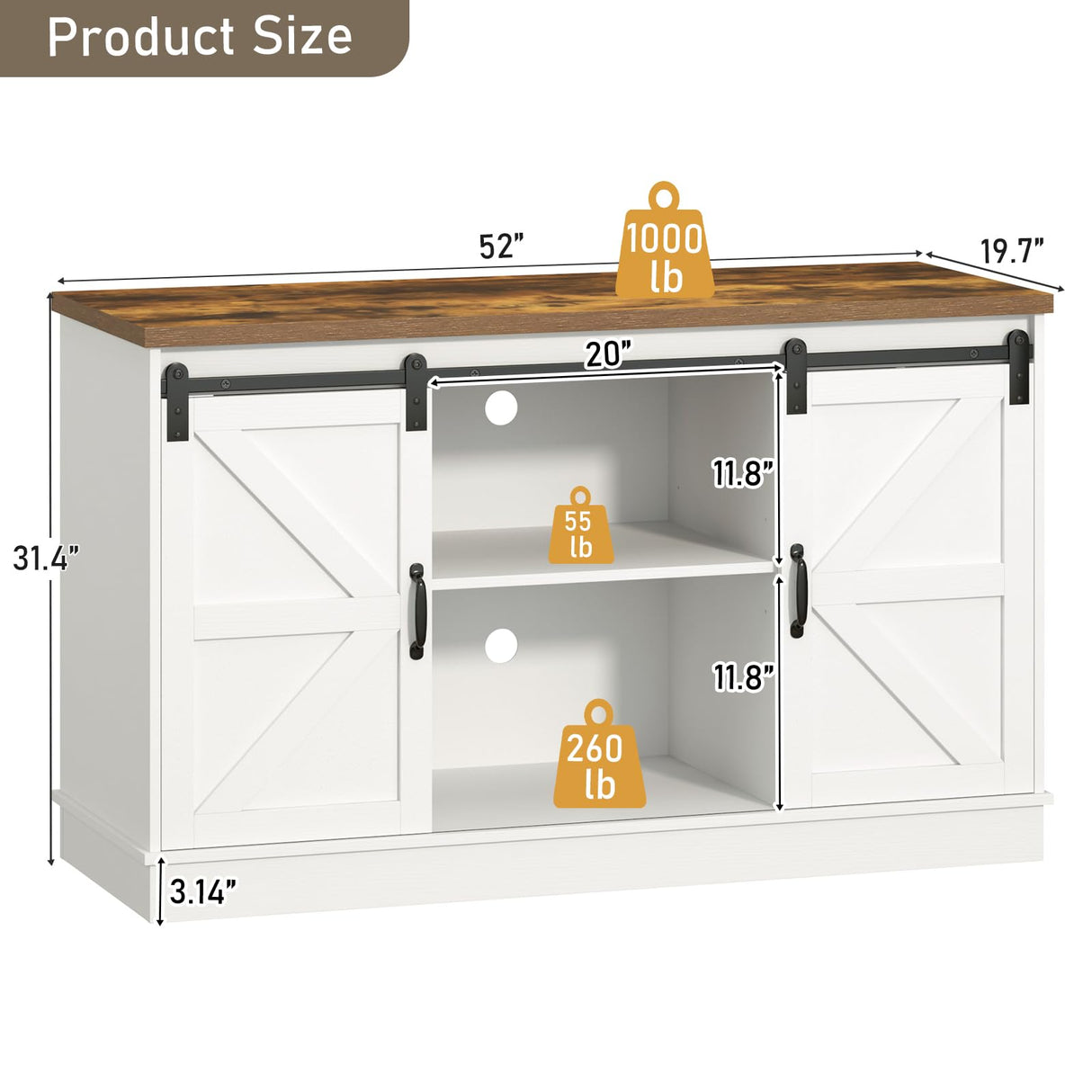 Hlivelood Farmhouse 55-75 Gallon Fish Tank Stand with Power Outlet, Aquarium Stand with Cabinet&Sliding Barn Door, Heavy Duty Reptile Tank Stand for 2 Fish Tank/Turtle Tank/Reptile Terrarium, White Hlivelood