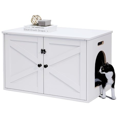 Timberer Cat Litter Box Enclosure, Litter Box Furniture Hidden with Removable Divider, Wooden Cat Washroom Furniture, Indoor Cat House, White Timberer