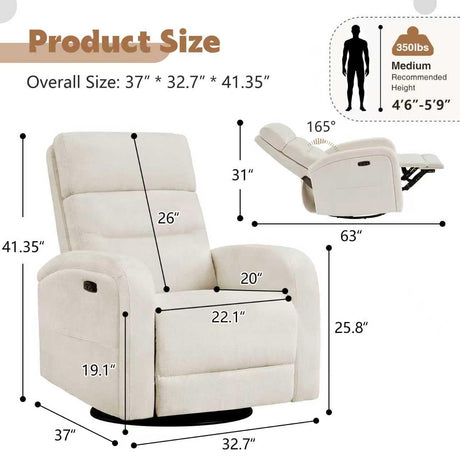 Glider Recliner Nursery Chair, Power Swivel Rocker Recliner with Adjustable Backrest Support, Swivel Rocking Nursery Recliner Chairs with USB and Type-C Ports for Living Room, Chenille Cream White AEMEIOS