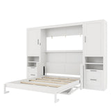 Merax Queen Size Murphy Bed with Desk, Multifunctional Foldable Wall Bed with Closet, Drawers and Shelves, Space-Saving Wood Platform Bed Frame for Small Spaces Studio Study Office Guest Room, White Merax