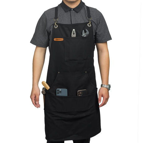 KEMITAC Barbecue Apron For Men, Men Cooking Apron, Work Apron, Gardening Apron, Welding Apron - Waterproof, Fireproof, Adjustable Straps, Many Pockets, Dirt-Repellent - Black Canvas KEMITAC