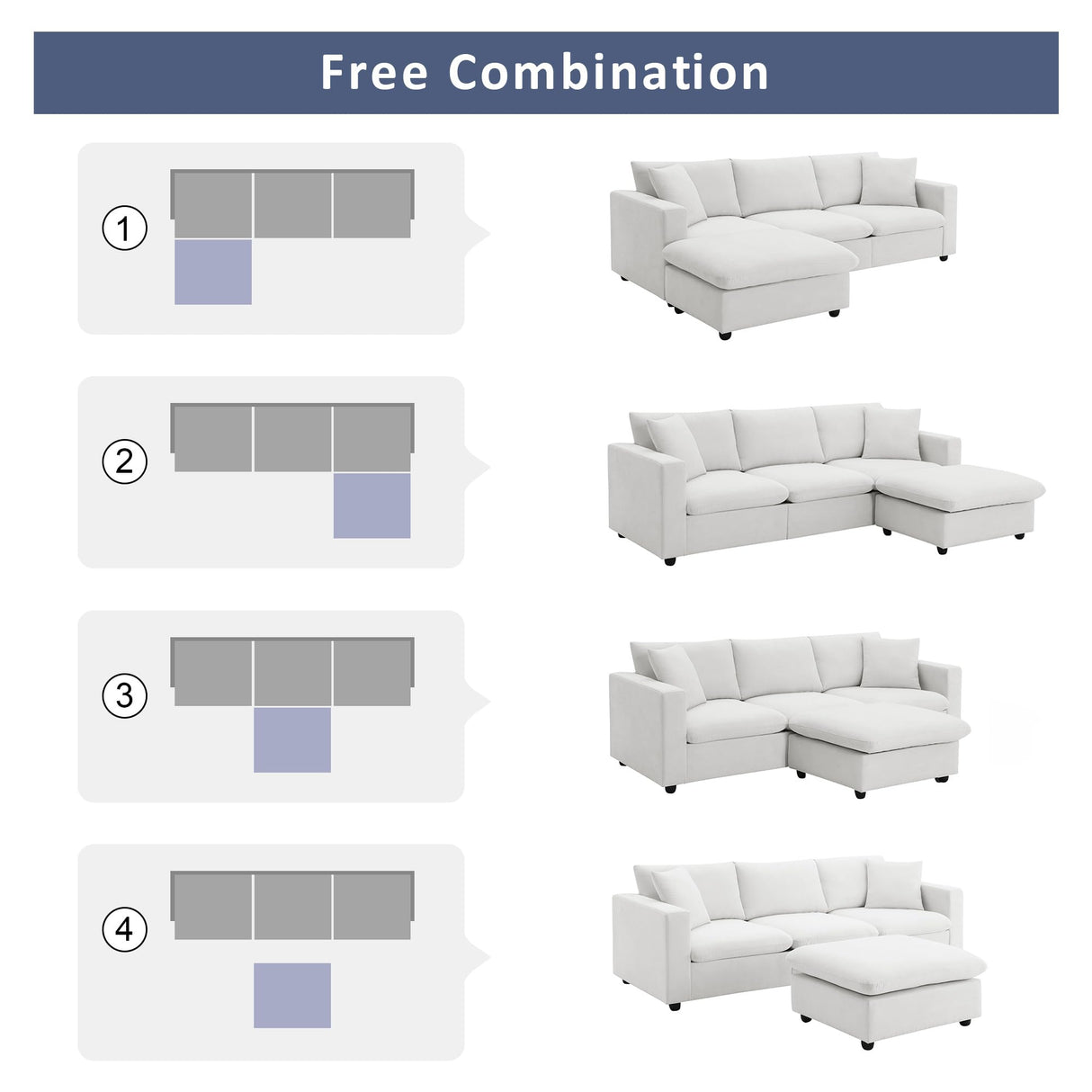 Tmsan 100.4" Modular Sectional Sofa Cloud Couch for Living Room, Modern Convertible L Shaped Couch Set with Ottoman, 4 Seater Polyester Fabric Sofa with 2 Pillows for Apartment Office (White) Tmsan