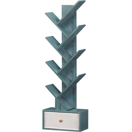 SHEEPAM 8-Tier Navy Blue Tree Bookshelf with Drawer - Stylish Storage Organizer for Small Spaces SHEEPAM