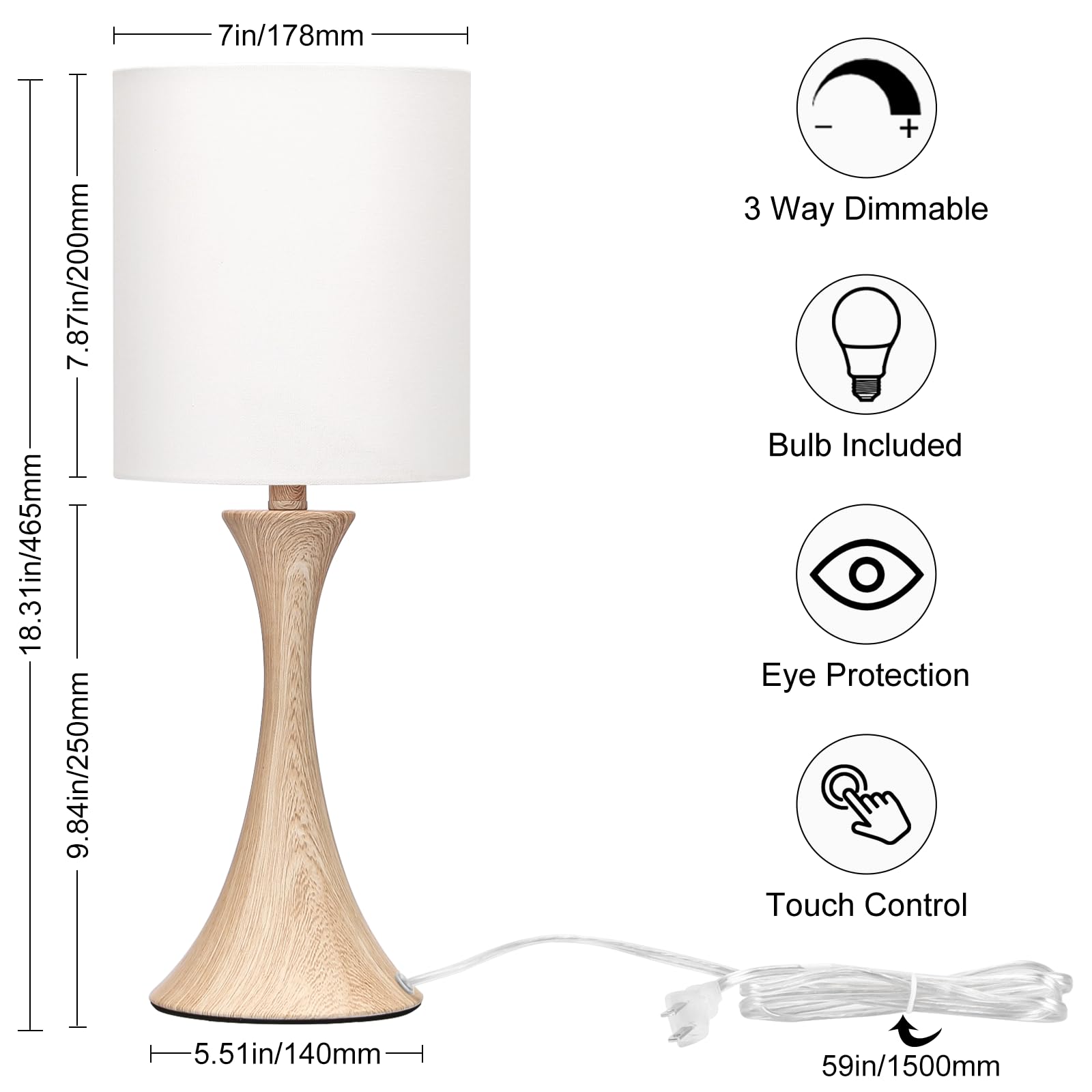 Bedside Touch Lamp, 3 Way Dimmable Touch Control Table Lamp, Wood Grain Farmhouse Table Lamp, Modern Nightstand Lamp with White Shade for Bedroom, Dorm, Office, 3000K LED Bulb Included - WoodArtSupply