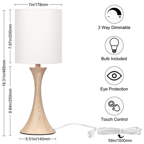 Bedside Touch Lamp, 3 Way Dimmable Touch Control Table Lamp, Wood Grain Farmhouse Table Lamp, Modern Nightstand Lamp with White Shade for Bedroom, Dorm, Office, 3000K LED Bulb Included Seaside village