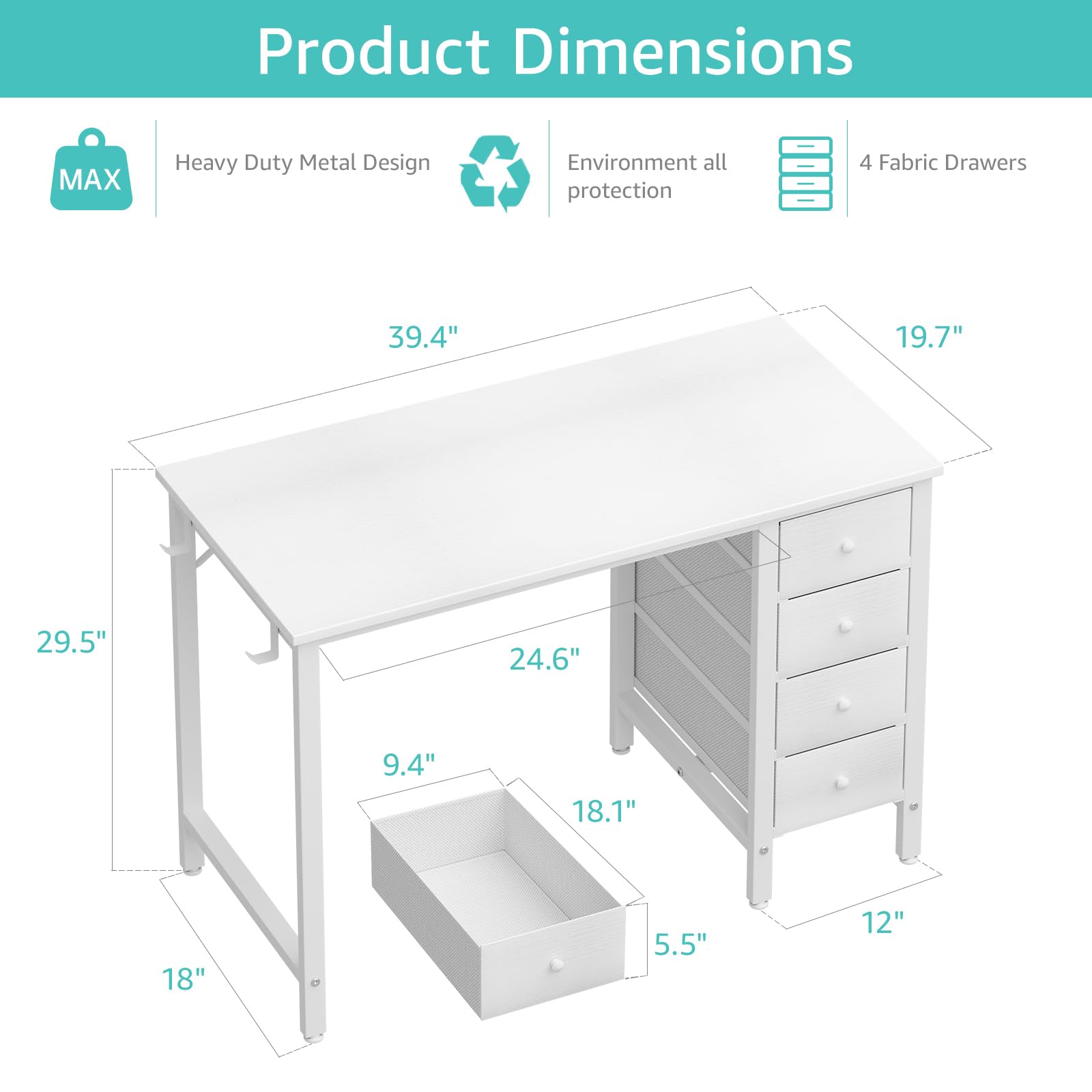 Lufeiya Small White Desk with Drawers - 40 Inch Kids Girls Teen Cute Study Desk for Bedroom Work, Computer Writing Table Desks with Fabric Drawer for Small Spaces Home Office - WoodArtSupply