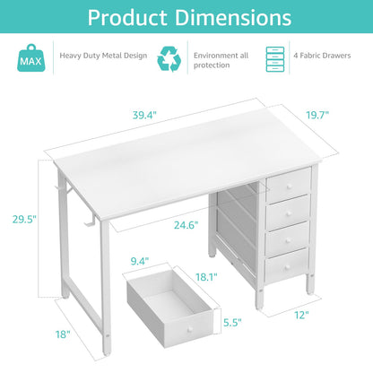 Lufeiya Small White Desk with Drawers - 40 Inch Kids Girls Teen Cute Study Desk for Bedroom Work, Computer Writing Table Desks with Fabric Drawer for Small Spaces Home Office - WoodArtSupply