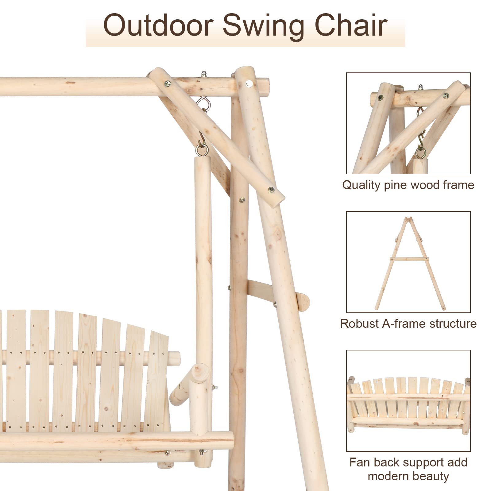 VINGLI Heavy Duty 880 LBS Wooden Patio Porch Swing with A-Frame Stand, Hanging Swing Bench Chair with Frame for Outside, Yard, Garden (Natural) - WoodArtSupply