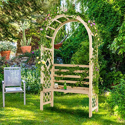 Giantex 81in Garden Arch with 2-Person Bench, Wooden Garden Arbor Archway Trellis for Climbing Plants, Outdoor Wedding Arches Patio Trellis Pergola for Ceremony Party Lawn Backyard, Load 543 lbs