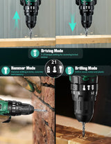 KIMO Hammer Drill - 20V 2X Battery Hammer Drill Cordless Drill Set, 3/8" Keyless Chuck, 350 In-lb Torque, 1350 RPM, 21+3 Position,14pcs Drill/Driver Bits, Power Drill Drivers for Brick Wall Concrete K I M O.