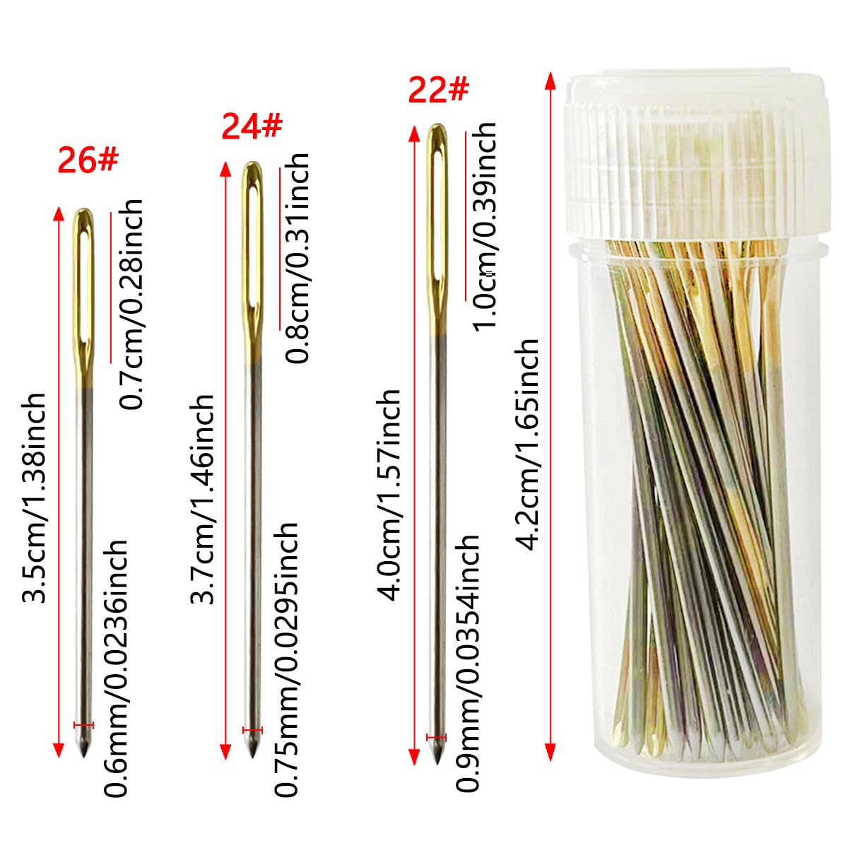 Zhenqing 30-Pack Gold-Tipped Large Eye Embroidery Needles with Round Heads - 10 Each of Sizes 22, 24, 26 for Cross Stitch, Sewing, Quilting & Crafting（67503） Zhenqing