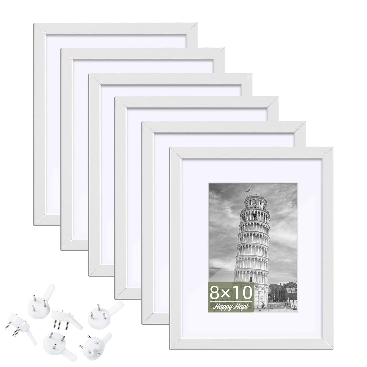 HappyHapi 8x10 Picture Frame Set of 6, 8x10 White Picture Frame Display Pictures 5x7 with Mat or 8x10 Without Mat. Wall Hanging Photo Frame or Tabletop Display Gallery Frame (White) HappyHapi