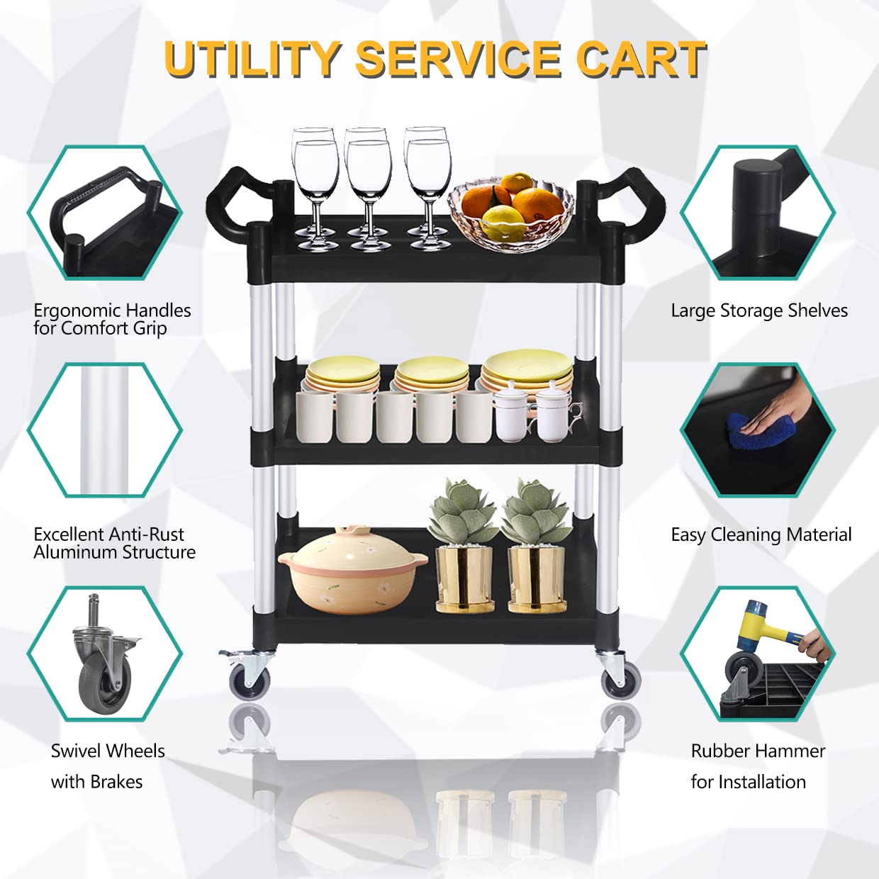 PELOEMNS Plastic Utility Carts with Wheels, Heavy Duty 510lbs Capacity Rolling Service Cart, 3-Tier Restaurant Food Cart with Hammer for Office, Warehouse, Garage (Lockable Wheels, Black) - WoodArtSupply