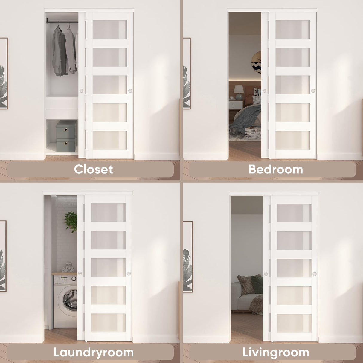 JUBEST Sliding Closet Door 48"(Double 25") x 80", 5-Lite Frosted Glass Bypass Door with Hardware Kit & Matching Fascia, Pre-Drilled MDF Wood Slab with Water-Proof PVC Surface, Easy to Install, White JUBEST