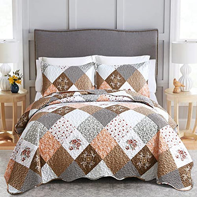 Dinjoy Floral Plaid Patchwork Quilt Set Twin Size, Reversible Brown Bedding Set Soft Microfiber Lightweight Bedspread Coverlet 3 Piece Fall Autumn Summer Use (68x86 inches)