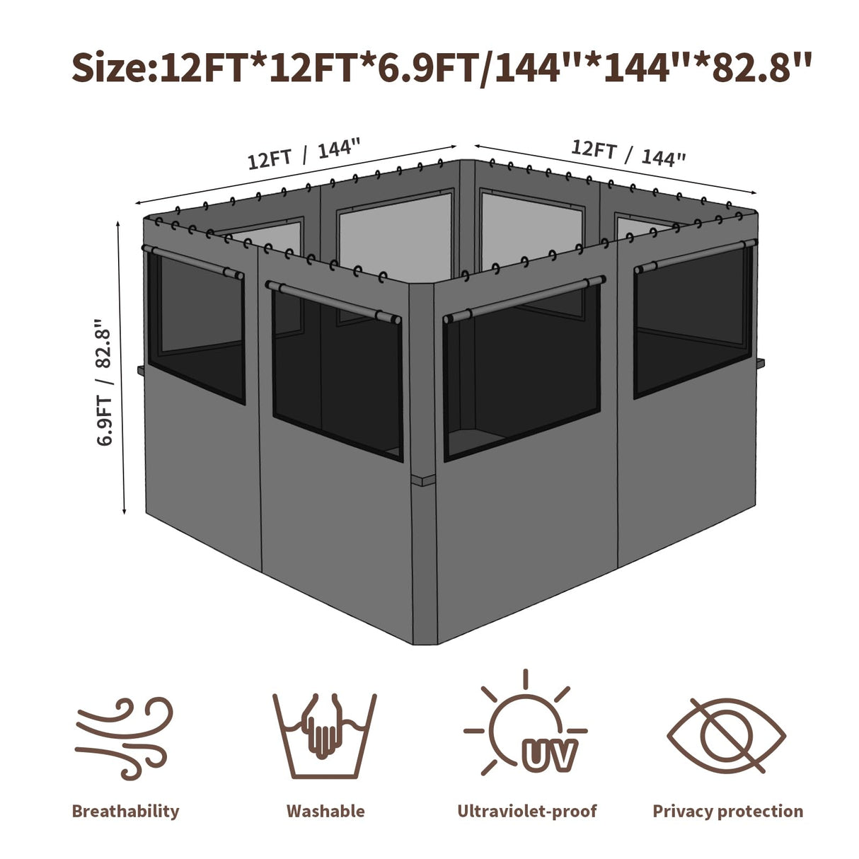 Homegroove Gazebo Universal Replacement Privacy Curtain, 12'x12' Gazebo Curtains Outdoor Waterproof, 4-Panels Sidewall Curtains with Zipper and Mesh Windows for Backyard, Garden, Yard homegroove