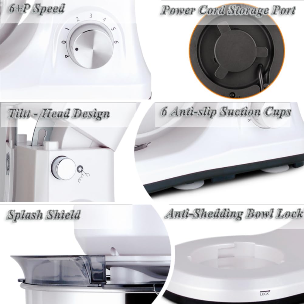 MURENKING Stand Mixer 5-QT, 6+P Speed Tilt-Head Food Mixer 300W Dough Mixer with Stainless Steel Bowl,Dough Hook,Flat Beater&Whisk Electric Kitchen Mixer for Household Baking, Anti-Slip(Pearl White) murenking
