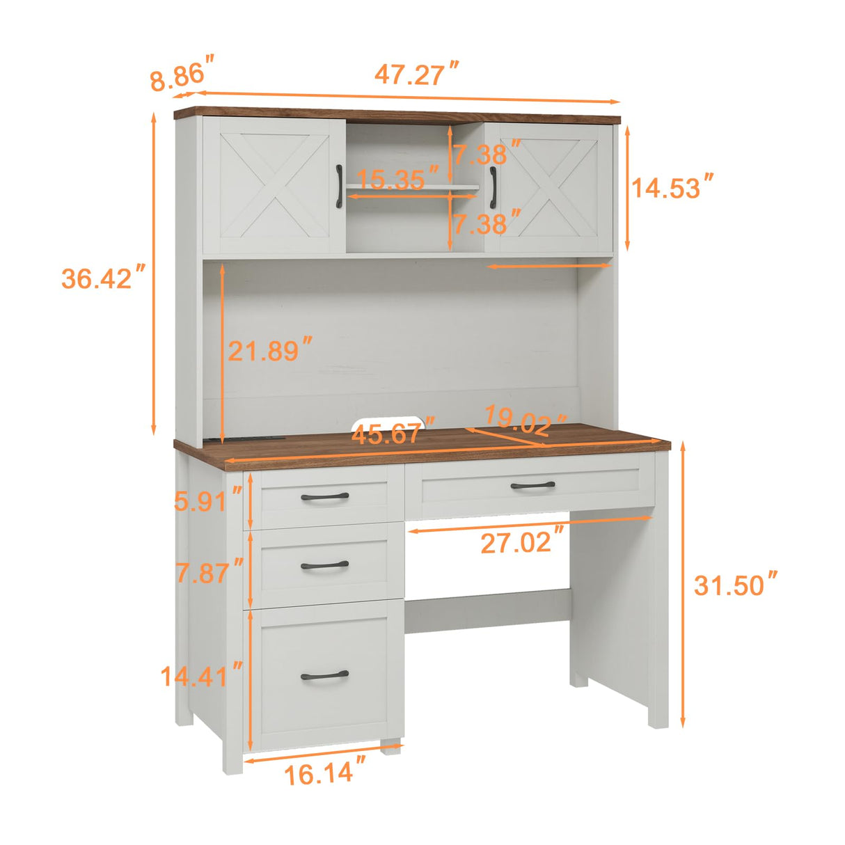 Farmhouse 67" H Executive Desk with Hutch,Office Desk with 4 Drawers and LED Light, Computer Desk with Storage Cabinet & File Drawers and Charging Station, Wood Workstation for Home Office and Study Vabches