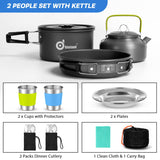 Odoland 15pcs Camping Cookware Mess Kit, Non-Stick Lightweight Pot Pan Kettle Set with Stainless Steel Cups Plates Forks Knives Spoons for Camping, Backpacking, Outdoor Cooking and Picnic Odoland