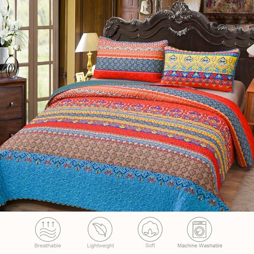 Exclusivo Mezcla Reversible Boho Quilts Twin Size, Blue Bedspreads Lightweight Coverlet All Season Bohemian Quilt Bedding Set with Printed Floral Pattern (1 Quilt, 1 Pillow Sham) Exclusivo Mezcla