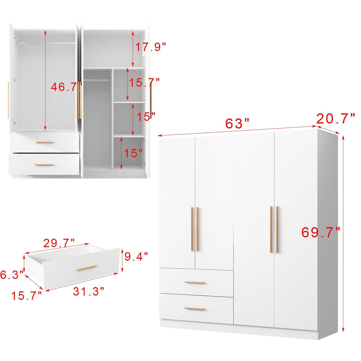 FAMAPY 4 Door Wardrobe with Drawers and Shelevs, Armoires Wardrobe Closet with Hanging Rod, Armoires and Wardrobes for Bedroom White (63”W x 20.7”D x 69.7”H) FAMAPY