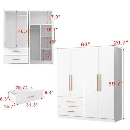 FAMAPY 4 Door Wardrobe with Drawers and Shelevs, Armoires Wardrobe Closet with Hanging Rod, Armoires and Wardrobes for Bedroom White (63”W x 20.7”D x 69.7”H) - WoodArtSupply