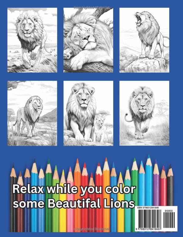 LIONS: A first coloring book of magnificent Lions for you to color at your leisure while relaxing and relieving any stress you may have. Majosta