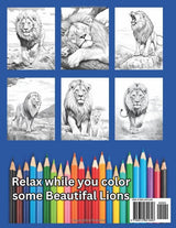 LIONS: A first coloring book of magnificent Lions for you to color at your leisure while relaxing and relieving any stress you may have. Majosta