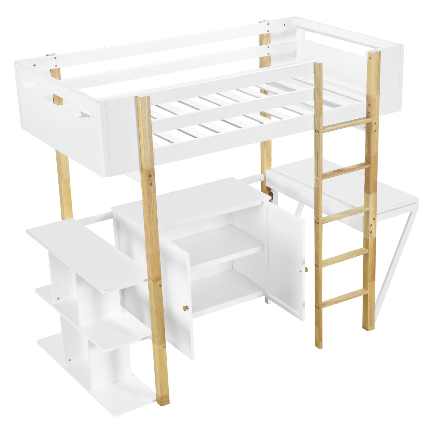 Harper & Bright Designs Twin Size Loft Bed with Foldable Desk, Bookshelf and Built-in Storage Cabinet, Wood Loft Bed Frame, White