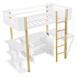 Harper & Bright Designs Twin Size Loft Bed with Foldable Desk, Bookshelf and Built-in Storage Cabinet, Wood Loft Bed Frame, White Harper & Bright Designs