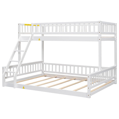 Merax Twin XL Over Queen Floor Bunk Bed, Kids White Wood Bunk Bed Frame with Ladder & Guardrails, Space Saving Teens Youths Beds for Bedroom, Guest Room, Noise Free, No Box Spring Needed, White