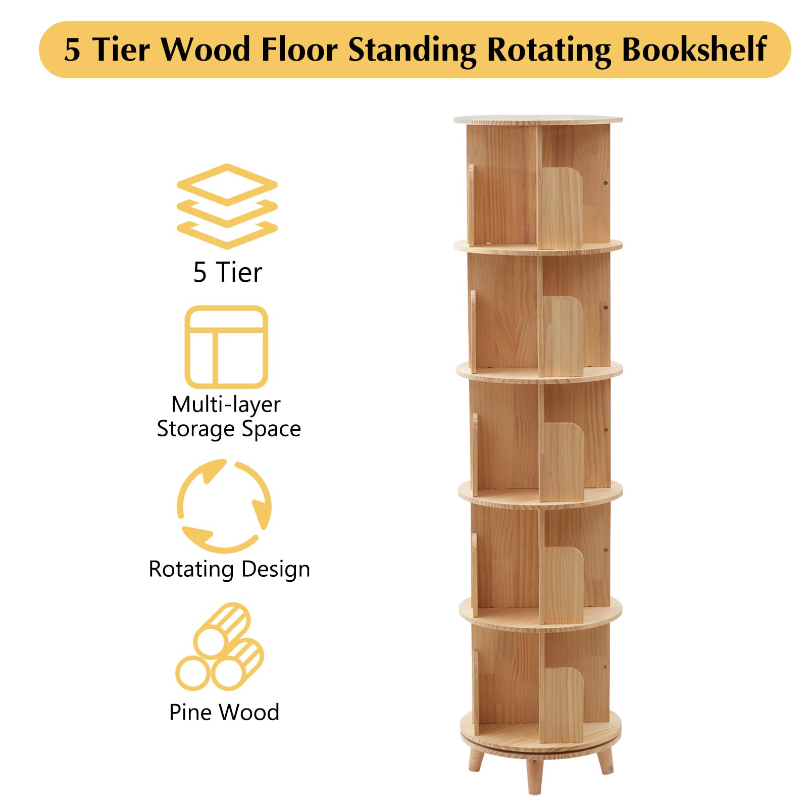 LyeXD 5-Tier Rotating Wooden Bookshelf - Multi-Functional Floor Stand Storage Rack - WoodArtSupply