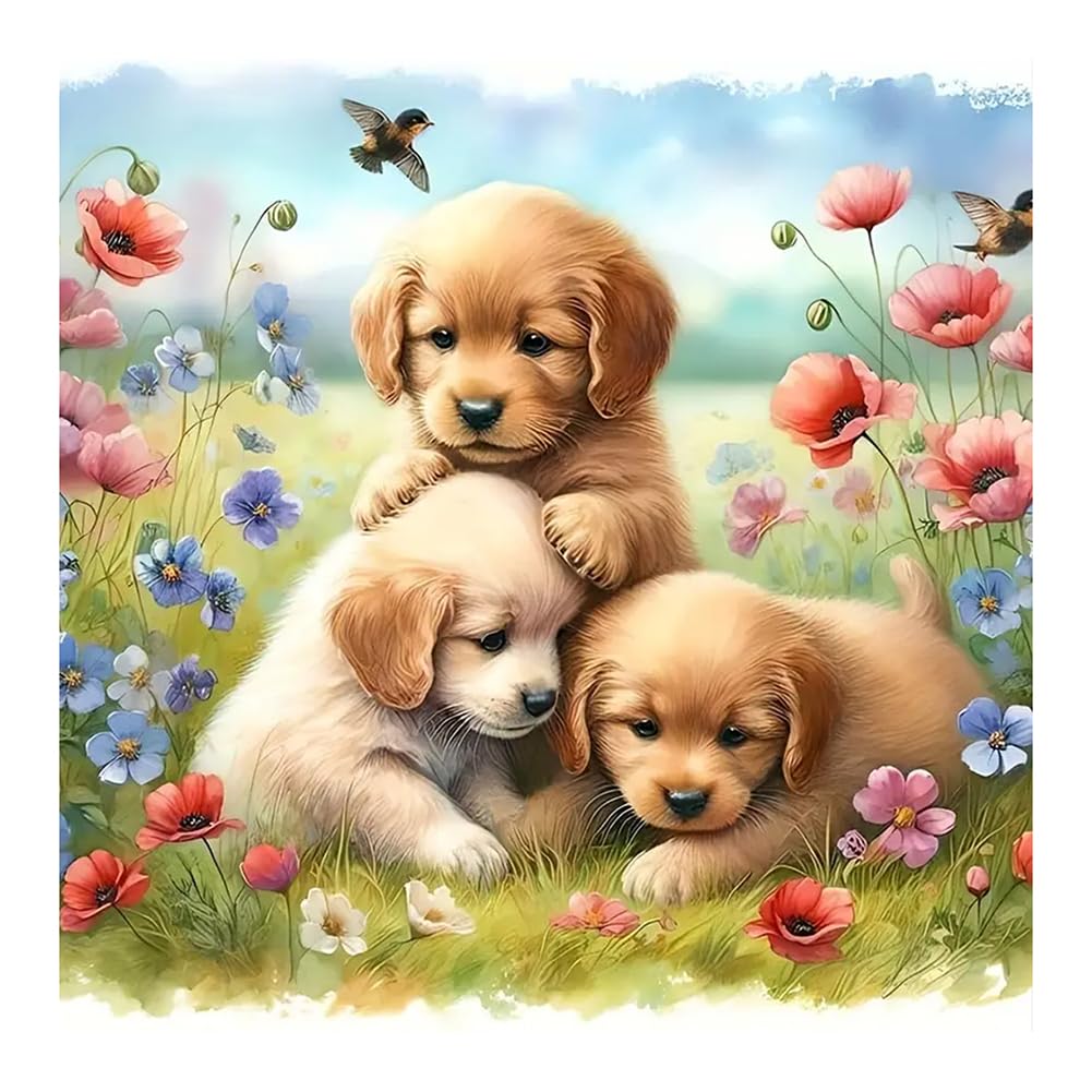 SJUTOUCI Puppy Diamond Painting Kits for Adults, Dog Diamond Art Kits for Beginner, 5D DIY Painting with Diamonds, Full Drill Round Gem Art Craft Home Decor 12x12 inch, Animal SJUTOUCI