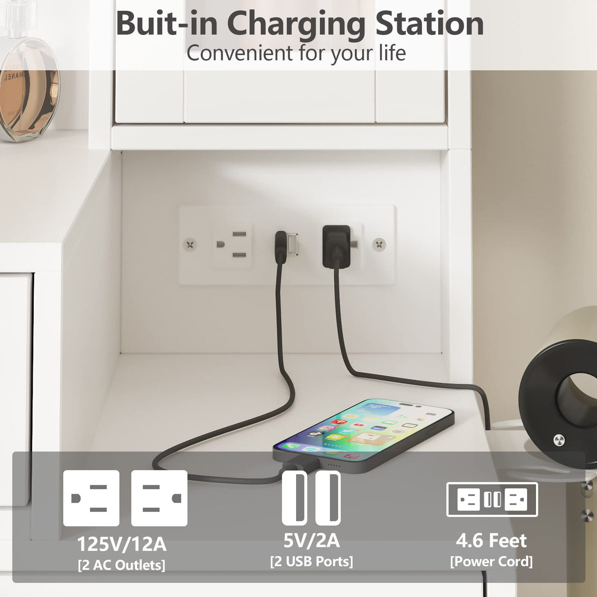 Fameill White Makeup Vanity Desk with Mirror and Lights,Vanity Table with Power Strip and Lighted Mirror,Large Makeup Table with 5 Drawers Lots Storage,3 Lighting Modes,39.4inch(L) Fameill