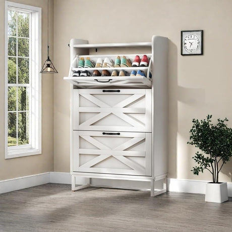 YITAHOME Slim Shoe Storage Cabinet with 3 Flip Drawers– Holds 24 Pairs, Space-Saving Shoe Rack for Entryway, Hallway & Living Room White Farmhouse Design YITAHOME