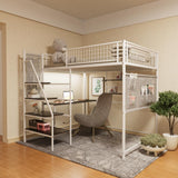 KEIKI Full Sized Loft Metal Bed with Desk and Stairs, Metal Loft Bed Frame, Heavy-Duty High Loft Beds with Built-in Charging Station and Lighting for Bedroom, Dormitory KEIKI