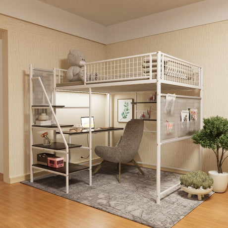 KEIKI Full Sized Loft Metal Bed with Desk and Stairs, Metal Loft Bed Frame, Heavy-Duty High Loft Beds with Built-in Charging Station and Lighting for Bedroom, Dormitory KEIKI