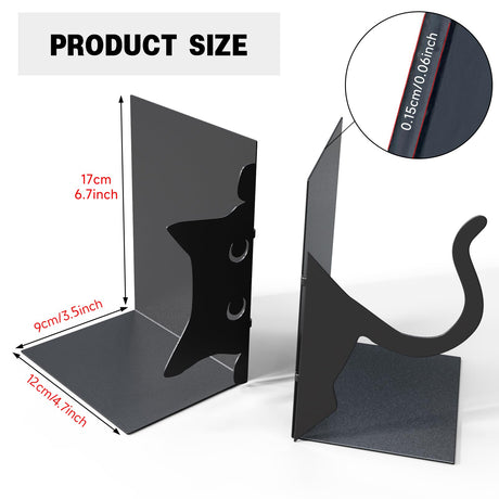 ENCIMART Book Ends Cat Decor Unique Bookshelf, Cute Metal Bookends for Shelves, Black Bookends to Hold Books for Bedroom Library Office School Book Desktop Organizer Cat Lover Gifts ENCIMART