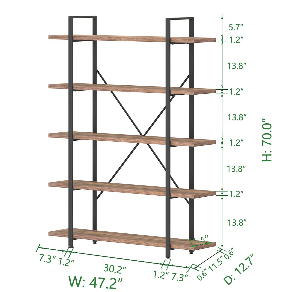 Industrial Rustic Oak 5-Tier Bookshelf Etagere for Home and Office Storage HSH